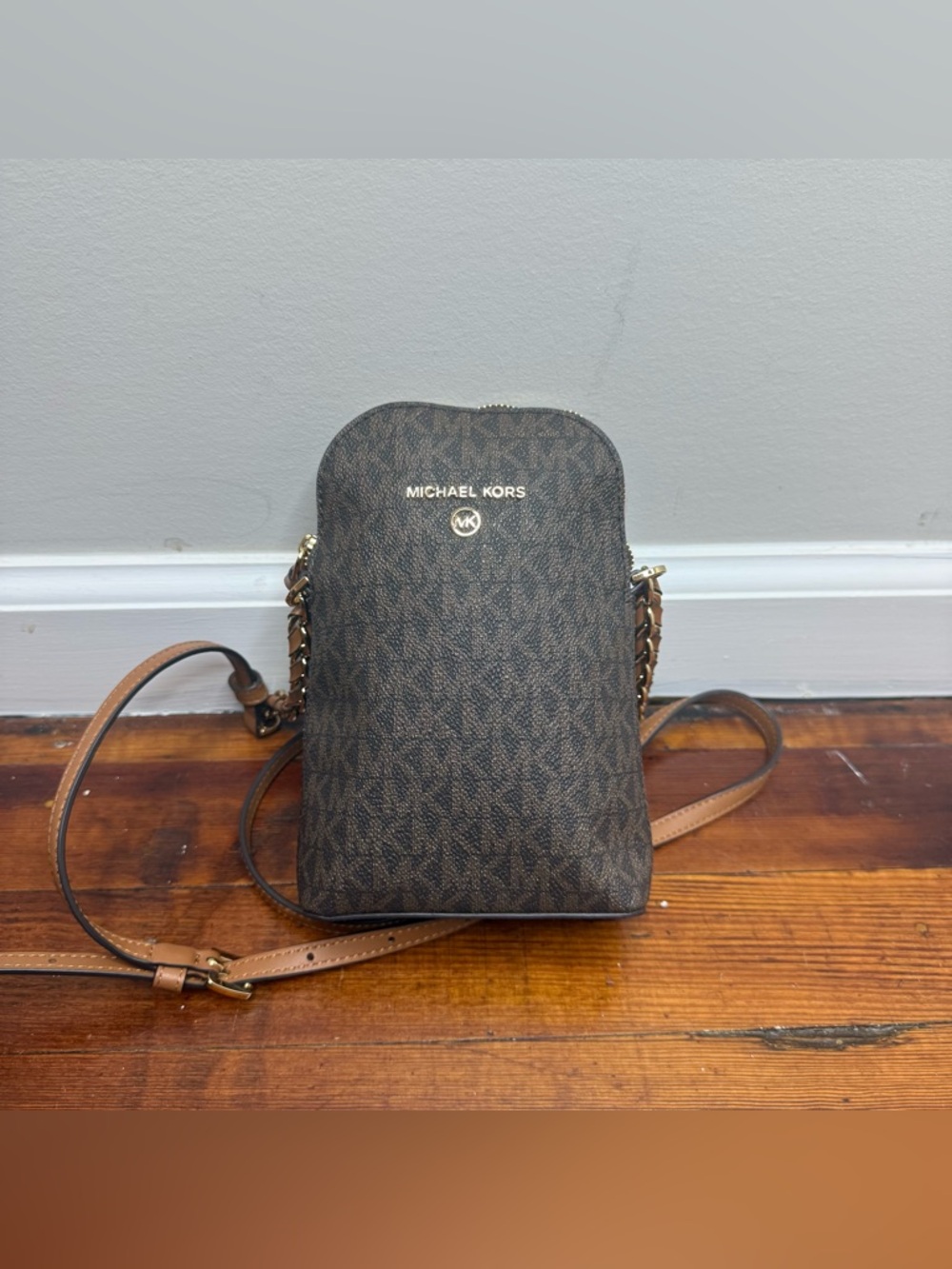 Michael Kors Brown Monogram Crossbody Phone Pouch